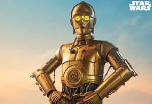 The iconic golden C-3PO against a dramatic black-and-white background