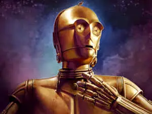 A detailed close-up of the beloved Star Wars droid, C-3PO.