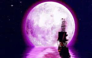 Pink Moon And Ship Sailing